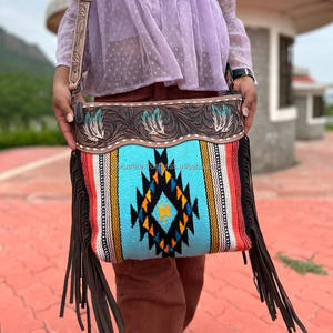Bohemian Vintage Design Tooled Aztec Saddle <b>Blanket</b> Leather Fringe Handbag Unique Handcrafted Genuine Leather Women Shoulder Bag - Product Image 2