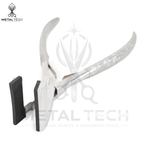 Pince à presser pour extensions de cheveux en argent poli, cadre en métal massif, mâchoires en silicone noir, poignée recouverte de paillettes - Product Image 6