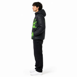 Veste matelassée noire pour homme avec imprimé main verte, capuche, fermeture éclair, coupe-vent, manteau d'hiver décontracté, coupe régulière, rembourrage en polyester - Product Image 5
