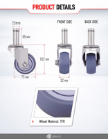 Roue pivotante de 75 mm (3 pouces) avec anneau de fixation en TPR, 22 mm x 55 mm, pour chariot de meubles, armoire, sans frein