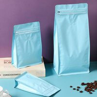 Sachet de café spécial bleu ciel, scellé sur huit côtés, avec fond plat, valve et pochette zippée