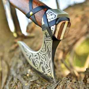 Handmade Tomahawk Axe With Wooden Handle And Black <b>Leather</b> Wrap Forged Steel Blade Survival Hatchet Outdoor Camping <b>Tool</b> - Product Image 4