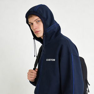 เสื้อฮู้ดดี้สีน้ำเงินกรมท่าขนาดใหญ่ ซิปหน้า แต่งตะเข็บสีน้ำเงิน พิมพ์ลายตัวอักษรตามสั่ง เสื้อผ้าลำลองผู้ชาย สตรีทแวร์ สวมใส่สบาย - Product Image 4