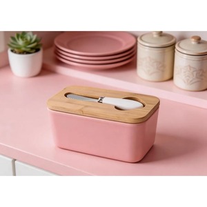 Modern Style Butter Dish With Wooden Lid Ceramic Handle Knife Elegant Butter <b>Storage</b> <b>Box</b> For Kitchen Dining Use From India - Product Image 5