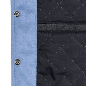 WholesMen's Light Blue Varsity <b>Jacket</b> with <b>White</b> PU Sleeves Stand Collar Zipper Closure Casual <b>Waterproof</b> Front Logo Autumn Wear - Product Image 4