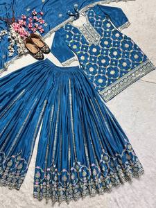 Blue Embroidered Indian Pakistani Traditional <b>Dress</b> With <b>Silver</b> Work Floor-Length Women's <b>Wedding</b> Wear - Product Image 5