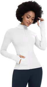 Chaqueta Deportiva de Mujer, Blanca, Manga Larga, Cuello Alto con Cierre, Transpirable, Poliéster, Color Sólido, Corte Ajustado, para Todas las Temporadas, con Bolsillos - Product Image 3