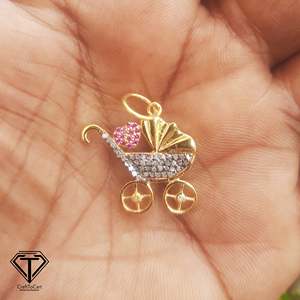 10K <b>Gold</b> Cross Charm Pendant with Pave Diamond Baby <b>Trolley</b> Design 925 Sterling Silver Accent - Product Image 1