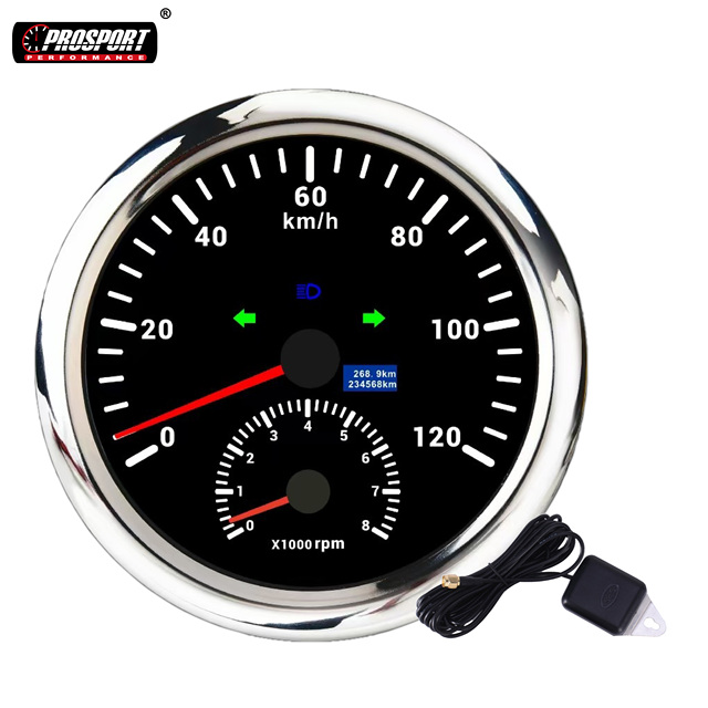 110mm 4-3/3" 2in1 Electrical Speedometer 120KMH Tachometer ODOMETER 12/24V Black Faceplate White LED IP67 Automotive Marine