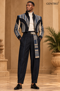 Costume pour homme GENTRO, respirant, grande taille, noir, avec motif perlé bleu, col mandarin, fermeture éclair, tenue de travail formelle - Product Image 1