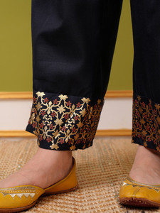 Navy Blue Embroidered Silk Quick Dry <b>Kurta</b> Palazzos Dupatta Traditional Indian Pakistani Set <b>Women</b> Casual Wear Regular Fit - Product Image 3