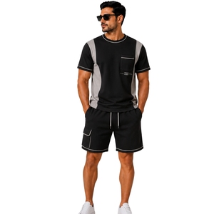 Black <b>And</b> Grey <b>Mens</b> T <b>Shirt</b> <b>Shorts</b> <b>Set</b> Crew Neck <b>Short</b> Sleeve Pocket Top Cargo Drawstring <b>Shorts</b> Casual Sportswear Summer Outfit - Product Image 1