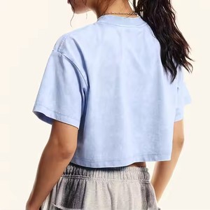Camiseta Corta Azul Claro para Mujer, Cuello Redondo, Manga Corta, Corte Holgado, Color Sólido, Informal, Verano, 100% Algodón Jersey, Transpirable - Product Image 2