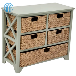 Meuble de rangement en bois noir avec tiroirs et paniers tressés en jonc de mer, organisateur de tiroirs, ensemble de meubles de salon - Product Image 5