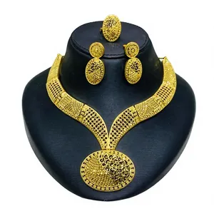 Conjunto de Collar con Cadena de Caja y Dije Chapado en Oro de Un Gramo, Diseño Floral de Moda, Joyería Africana para Mujer, Fiestas de Compromiso, Bodas, Personalizado - Product Image 1