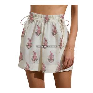 Shorts de week-end à cordon de serrage imprimés Dabu pour femme, en coton, style loungewear d'été, imprimé bloc, pour la plage - Product Image 1