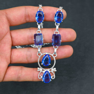 Collier de luxe pour femme en argent sterling avec perle de tanzanite de laboratoire personnalisée, 6 pierres, certifié par un tiers, idéal pour un mariage - Product Image 1