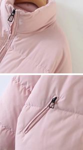 Women's Pink Quilted Jacket <b>Stand</b> Collar Full Sleeve Zipper Closure Solid Color Short Length Winter <b>Coat</b> - Product Image 6