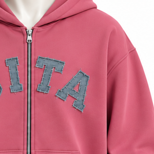 Rose <b>Pink</b> Mens Zip Front <b>Hoodie</b> Heavyweight Fleece Chenille Letter Applique Oversized Streetwear Sweatshirt with Kangaroo Pocket - Product Image 5