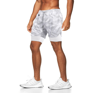 Shorts de sport gris pour homme à séchage rapide avec couche de compression intérieure, taille mi-haute, cordon de serrage, en tricot de spandex et polyester - Product Image 2