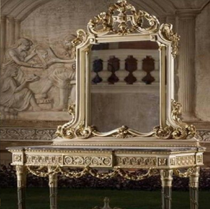 Elegant metallic gold carved wooden dresser <b>table</b> with matching sculpted top mirror, available at wholesale prices. - Product Image 5