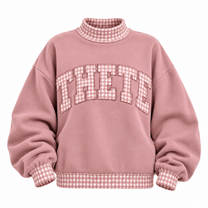 Sudadera Oversize de Cuello Alto para Mujer al por Mayor, con Parches de Cuadros y Vichy, de Tejido Grueso, Estilo Casual Universitario, Fabricante Personalizado - Product Image 5