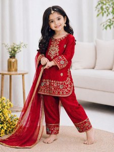 Girls Children <b>Red</b> Embroidered <b>Silk</b> Salwar Kameez Set with Dupatta Traditional Indian Pakistani Clothing for Wedding Party Wear - Product Image 3