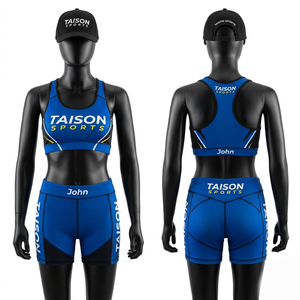 Conjunto Deportivo Premium de 220 GSM en Poliéster y Spandex, Top Deportivo y Pantalones Cortos, Diseño con Paneles Azul y Negro, Logotipo Personalizado con Transferencia Térmica, Ropa Deportiva - Product Image 1