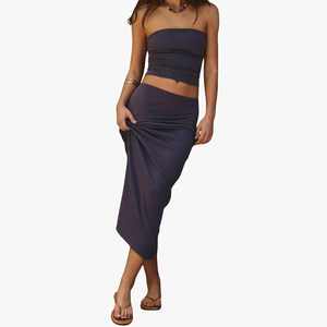 Ensemble 2 pièces personnalisé 2026 pour femme : Haut bustier épaules dénudées et jupe longue évasée, coupe ajustée, tenue décontractée respirante pour la plage - Product Image 4
