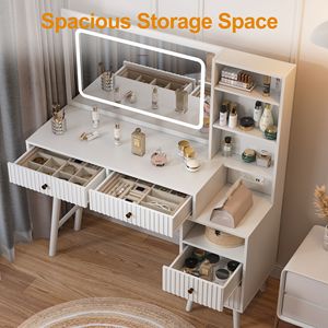 Toeletta Bianca Scanalata con Specchio LED Illuminato e Cassetti, 3 Colori di Illuminazione, Controllo Touch, Tavolo da Trucco per Camera da Letto - Product Image 4