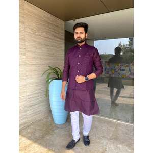 ATRACTIVE ROMAN SEDA HOMBRE KURTA PIJAMA CON CHICKENKARI TRABAJO CHAQUETA VINO - Product Image 1