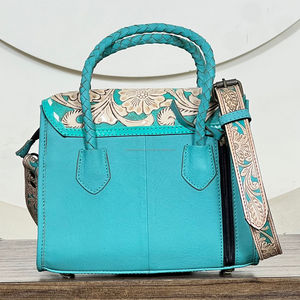 Bolso de mano mini de cuero repujado turquesa premium para mujer, bandolera con diseño floral, bolsos tote de piel con pelo. - Product Image 6