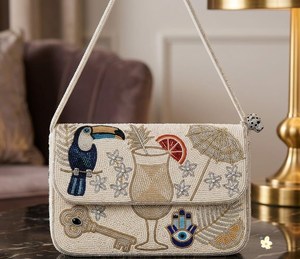 Sac à bandoulière pliable perlé pour femme, style bohème, avec fermeture à rabat, sac à main de luxe pour soirée, motif toucan et parapluie, imperméable - Product Image 1