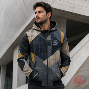 Sweat à capuche personnalisé de créateur, imprimé architectural moutarde et bleu marine, fermeture éclair intégrale, fabrication OEM, marque privée, vente en gros, fabricant de streetwear - Product Image 6