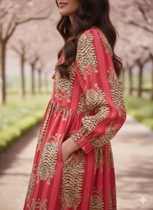 <b>A</b> <b>LINE</b> Cotton Floor Length <b>Dress</b> V Neck Three Quarter Puff Sleeves Animal <b>Pattern</b> Women Daily Wear Embroidery Pocket - Product Image 5