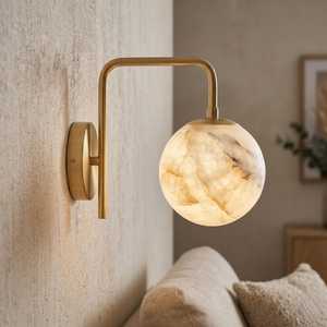 Applique murale Art Déco moderne en laiton avec plaque arrière ronde et abat-jour cylindrique en marbre, faite à la main, pour intérieur/extérieur, idéale pour la maison et le bureau - Product Image 6