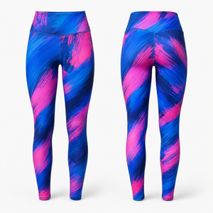 Leggings de yoga taille haute longueur intégrale, imprimé par sublimation color block bleu rose, extensibles dans quatre directions, respirants, avec bande latérale en Spandex - Product Image 1