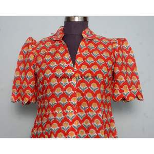 Robe midi pour femme en coton indien imprimé à la main, col en V, manches courtes, silhouette droite, idéale pour les fêtes, les vacances d'été à la plage - Product Image 2