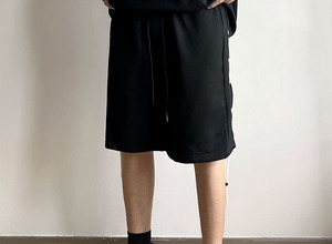 Custom Style Men's Black Casual Shorts With Criss-Cross Side <b>Lacing</b> <b>Elastic</b> Waist Mid Length Solid Color Design - Product Image 3