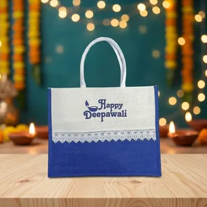 Stylish Jute Open <b>Tote</b> Bag 14x16x5 Happy Deepawali Blue White Non Woven Handbag With Decorative Lace Trim Casual Eco Friendly - Product Image 1