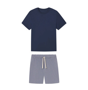 Men's Navy Blue Solid T-Shirt and Striped Shorts <b>Set</b> Casual Summer <b>Knitted</b> Breathable 2-Piece Outfit - Product Image 1