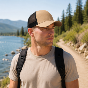 Custom Trucker <b>Hat</b> Khaki Front Black Mesh Back Logo Print Adjustable Unisex Casual Summer <b>Cap</b> 6-Panel Design - Product Image 2