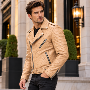 <b>Men</b>’s <b>Genuine</b> Ostrich <b>Leather</b> Biker <b>Jacket</b> Embossed Motorcycle <b>Jacket</b> /Asymmetrical Zip Belted Moto <b>Jacket</b> for <b>Men</b> - Product Image 4