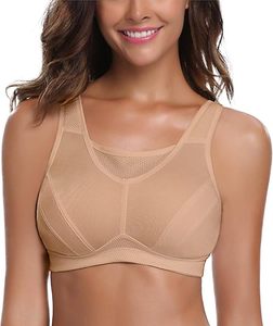 Soutien-gorge de sport dos nageur pour femme, maintien moyen, maille respirante, haut de yoga sans couture, col rond simple, beige - Product Image 1