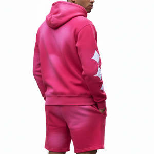 Oferta Especial: Conjunto de Sudadera con Capucha y Pantalones Cortos Unisex, Estilo Urbano, Color Rosa Lavado al Ácido, Efecto Desgastado por el Sol, 100% Algodón - Product Image 4