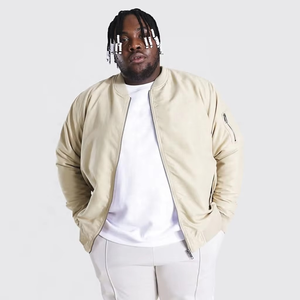 <b>Men's</b> Cream <b>Bomber</b> <b>Jacket</b> Solid Color Zipper Closure Casual Autumn Wear Stand Collar Regular Fit Polyester Cotton Blend - Product Image 1