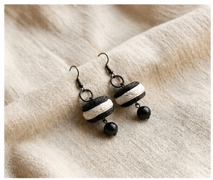 Modern Eco-friendly KOTTRAVAI Carved Leather Earrings <b>Black</b> <b>White</b> <b>Striped</b> Beaded Dangle Hook Style Gift Craft Jewelry - Product Image 2