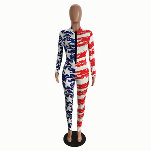 Mono de manga larga estampado para mujer, cintura alta, ajuste ceñido, cremallera frontal, elástico, transpirable, de poliéster y spandex - Product Image 1