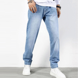 Men's Straight Fit Stonewashed Denim <b>Jeans</b> Light Blue <b>Elastic</b> <b>Waist</b> Casual Style 100% Cotton Breathable Lightweight Spring Wear - Product Image 6