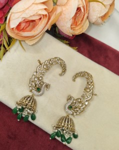 Pendientes Tradicionales de Oreja de Pavo Real con Gota de Pera, Chapados en Oro Antiguo, con Gemas Kundan, Estilo Jhumka, para Mujer, Venta al por Mayor de Joyería Étnica - Product Image 5